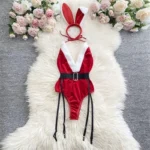 Women's Sexy Christmas Lingerie Pajama Set - Red & White Plush Bodysuit with Rabbit Ear Headband